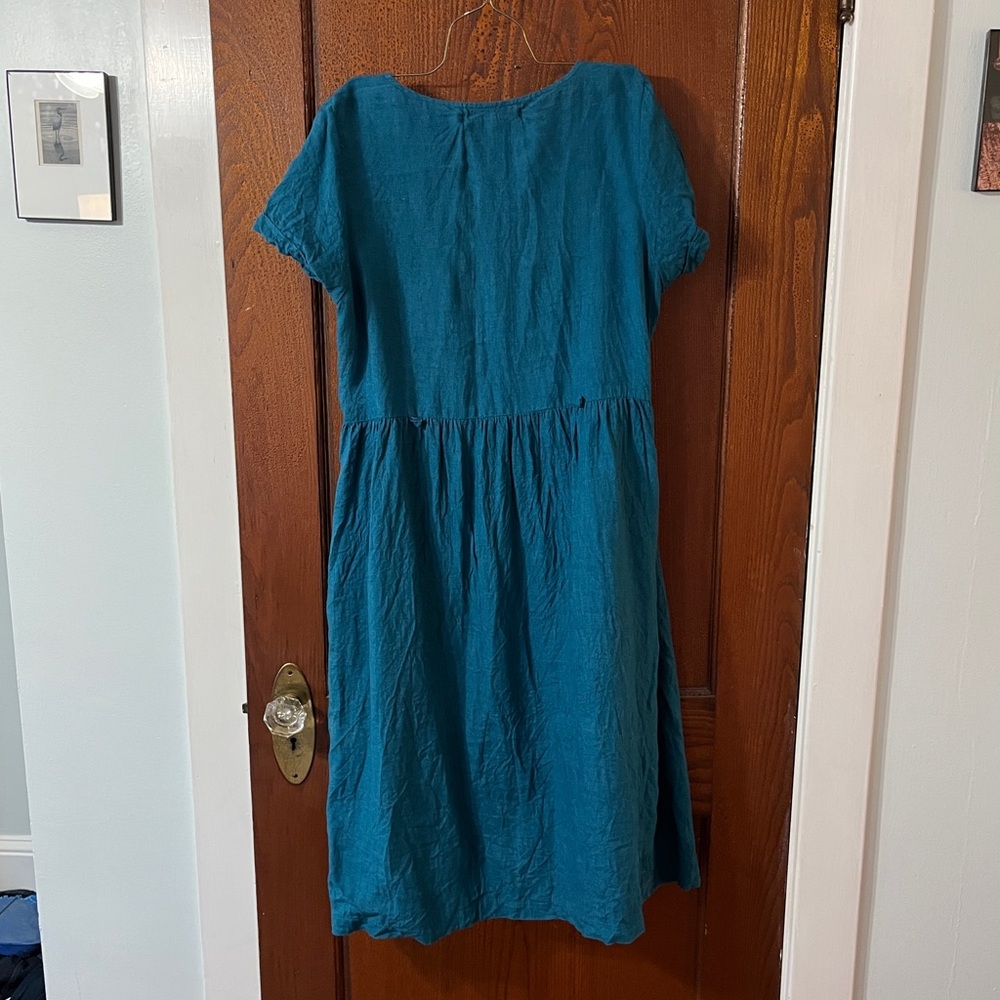100% Linen Teal Midi Dress with Button Detail - Picture 2 of 4
